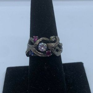 Vintage Sterling Silver Abstract Ring W/White, Red, Blue & Yellow Stones 7.5